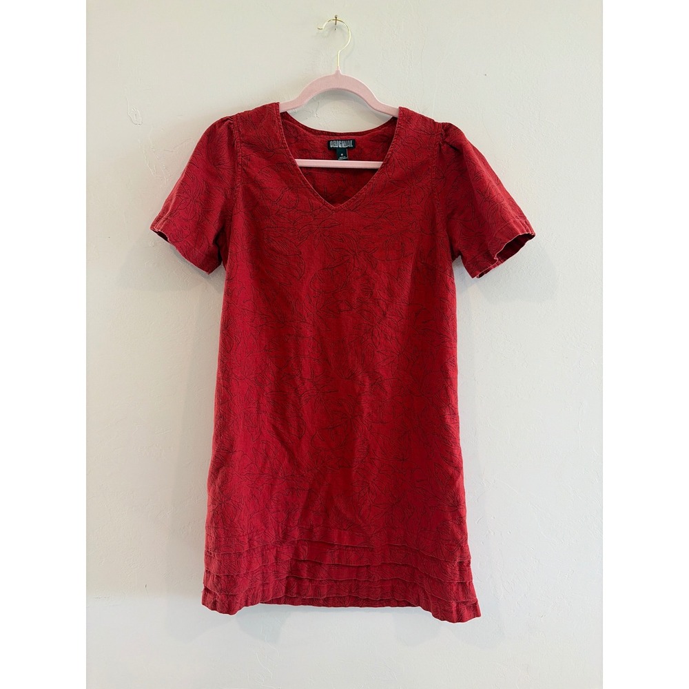 Nicole Miller Original Red Floral Linen Blend V-Neck Ruffle Hem Dress Medium